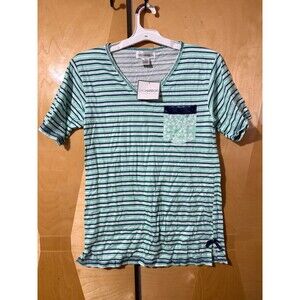 Sag Harbor Womens TShirt S Small Green Blue White Striped Short Sleeve Tee New